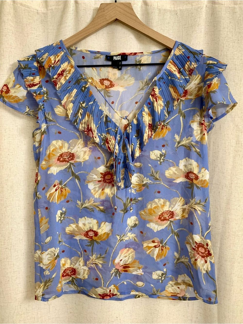 PAIGE 100% Silk “Dream Blue Poppi Meadow” Floral V-Neck Ruffle Tie Blouse XXS
